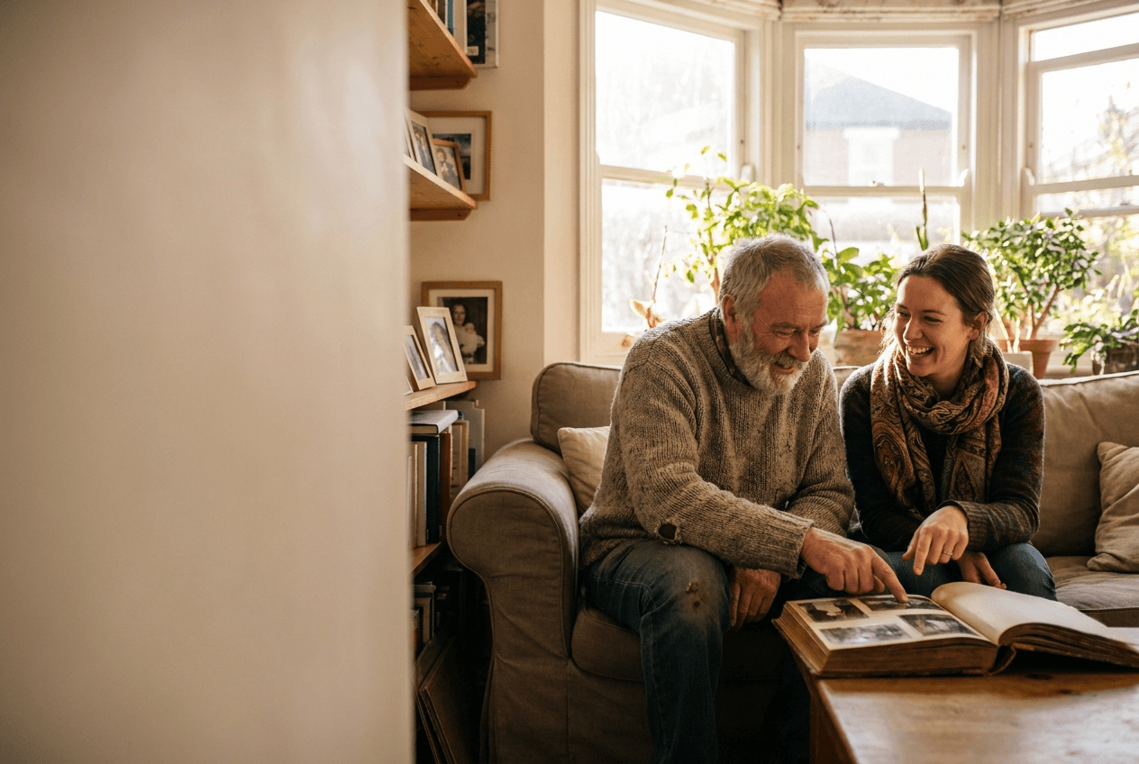 An older man and his adult daughter sit close together on the sofa in a sunny living room, laughing as they look through an open photo album.
